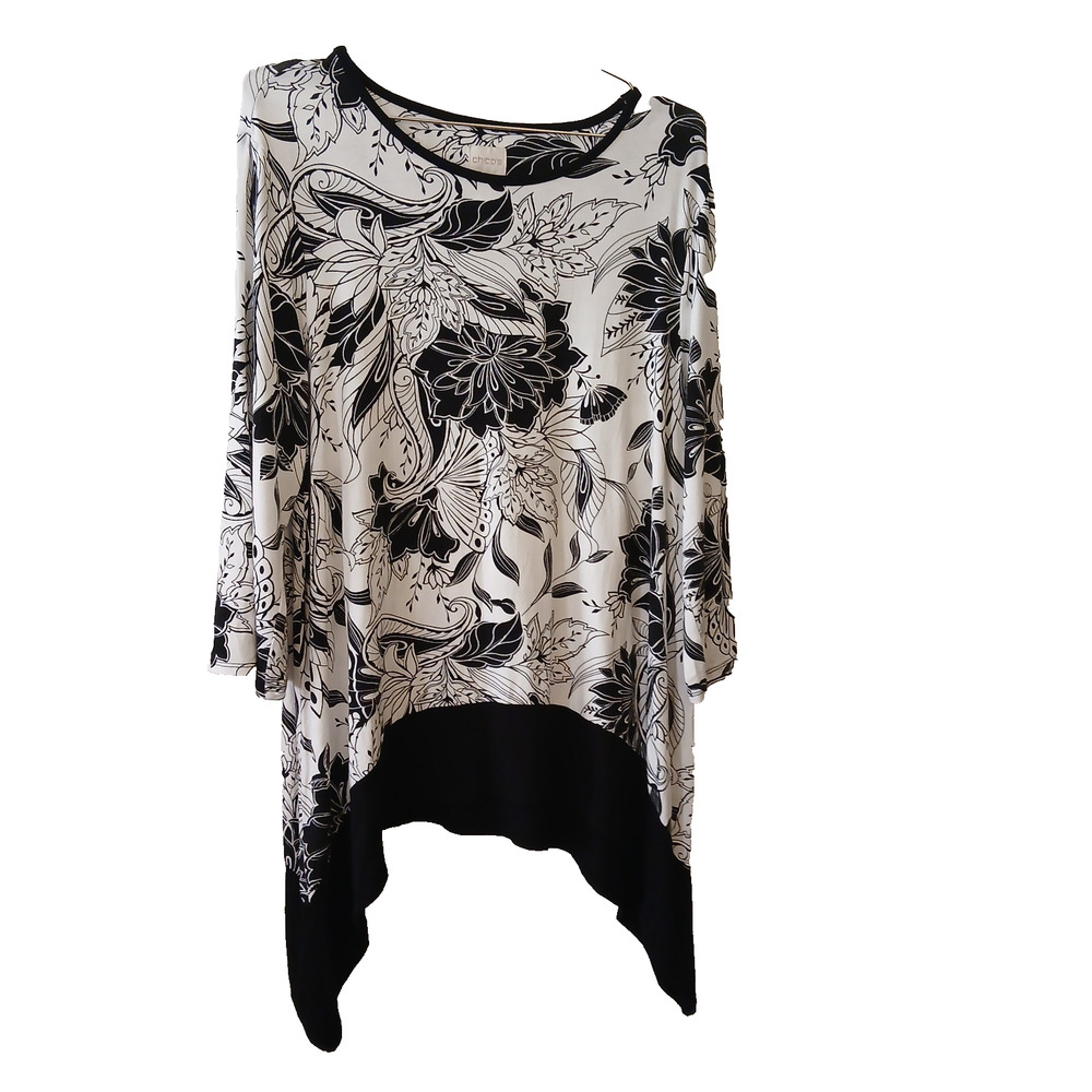 Chico's Blouse Women Plus Size 2 Color Black White Floral Print Shark Bite Tunic